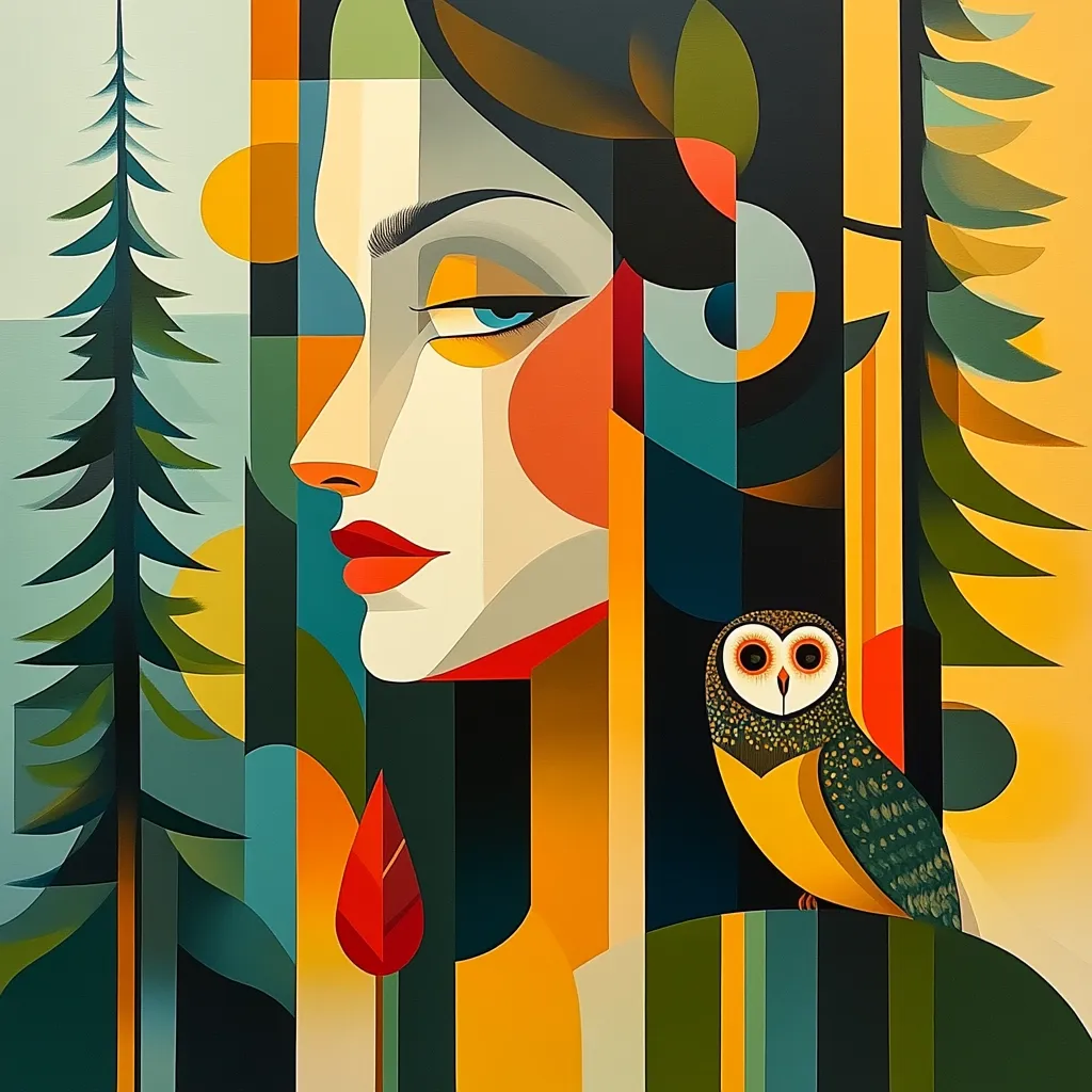Here's a description of the image:

The artwork is a vibrant, geometric portrait of a woman's profile, rendered in a bold, modern style reminiscent of Cubism.  Her face is composed of sharp angles and contrasting colors—reds, oranges, and blues—against a backdrop of stylized evergreen trees and abstract shapes.  A small owl, rendered in similar geometric detail, perches near her shoulder, adding a touch of whimsy to the otherwise serious expression on the woman's face.  The overall effect is striking, visually arresting, and suggestive of a serene yet enigmatic mood.