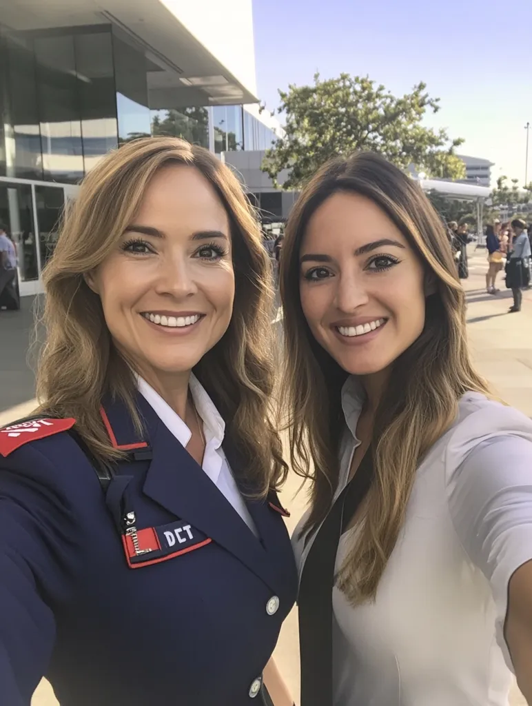Here's a description of the image:

Two women stand close together, smiling for a selfie.  The woman on the left wears a dark blue uniform jacket with red trim and "DCT" on the lapel, suggesting a possible security or official role. Her hair is shoulder-length and light brown. The woman on the right has long, light brown hair and is wearing a light grey or white short-sleeved shirt. They appear to be outdoors, with a modern building and some trees visible in the background. The overall setting looks like a public area, possibly a plaza or outside of a convention center. The atmosphere is friendly and casual.