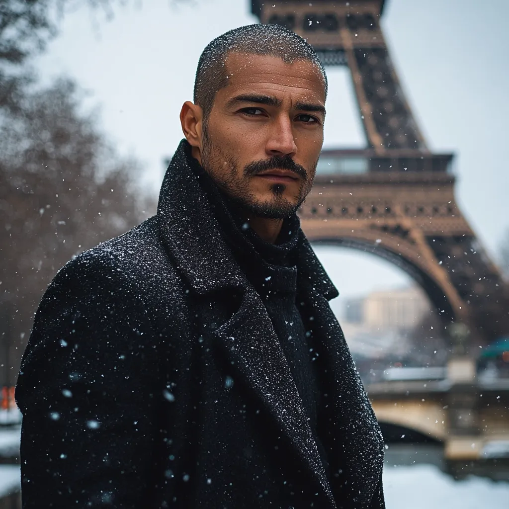 A sharply dressed man with a buzz cut and short beard stands in a snowy Parisian setting, the Eiffel Tower softly blurred in the background.  He wears a dark overcoat dusted with snowflakes, his expression serious and composed. The image has a moody, atmospheric quality, emphasizing the contrast between the man's sharp features and the soft snowfall.  The overall tone is stylish and evocative.