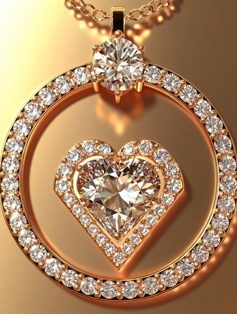A luxurious gold pendant hangs against a muted gold backdrop.  The circular pendant features a large, centrally positioned heart-shaped diamond, encircled by a smaller halo of brilliant-cut diamonds.  A larger, round diamond sits atop the circle, connecting it to the delicate gold chain.  The overall design is ornate and opulent, showcasing sparkling diamonds meticulously set in gleaming gold.
