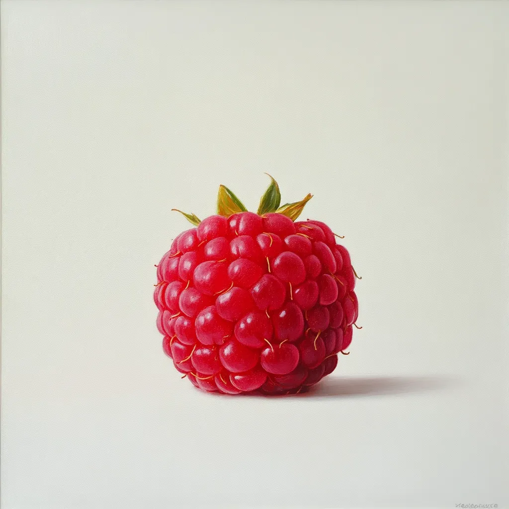 A single, ripe raspberry is the focal point of this close-up still life painting. Its vibrant red color and individual drupelets are meticulously rendered, showcasing remarkable detail. The raspberry rests on a plain off-white background, allowing its form and color to dominate. The lighting is soft and even, minimizing shadows and highlighting the fruit's texture.  The overall impression is one of simple elegance and precise observation.
