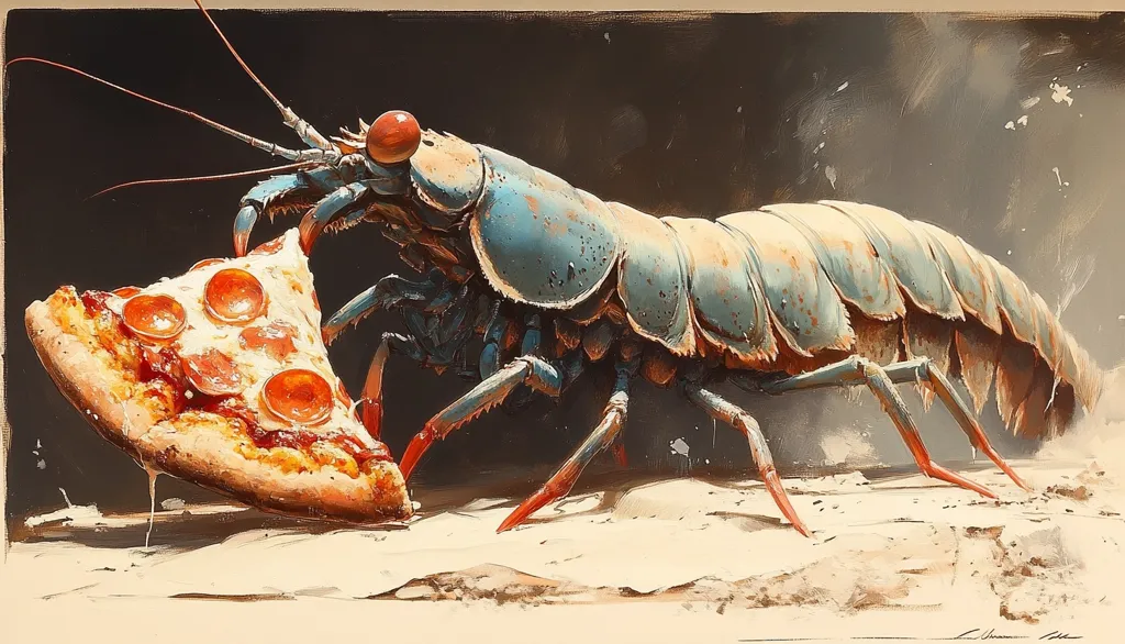 Here's a description of the image:

The painting depicts a large, stylized mantis shrimp, its carapace a blend of teal and beige, holding a slice of pepperoni pizza.  The shrimp's claws are prominently featured, one gripping the pizza, showcasing a realistic rendering of the food’s texture and melted cheese. The background is a dark, moody wash of grey and black, contrasting sharply with the brightly colored pizza and the shrimp's detailed exoskeleton. The overall style is painterly and evocative, with visible brushstrokes adding texture and depth to the scene. The shrimp appears to be enjoying its meal on a sandy surface, creating a surreal and humorous juxtaposition.