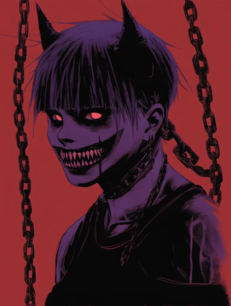 Here's a description of the image:

The illustration showcases a demonic-looking figure, possibly anime-inspired, with short, dark hair, small horns, and glowing red eyes.  Their expression is a disturbing, wide grin revealing sharp teeth.  The figure wears a dark, sleeveless top and a choker-like collar, connected to heavy chains hanging down either side. The overall color palette is dark, predominantly purplish-black against a blood-red background, contributing to an unsettling and intense mood. The style is rough, with visible brushstrokes adding to the raw, edgy feel.