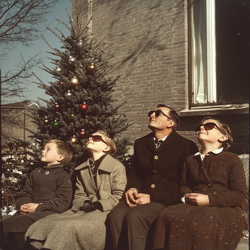 Here's a description of the image:

A family of four sits outdoors on a sunny day, gazing upward at a beautifully decorated Christmas tree. The parents, dressed in stylish mid-century attire, wear sunglasses. Their two children, a boy and a girl, also look up, mirroring their parents' expressions of wonder. The tree is adorned with colorful ornaments, and the setting suggests a festive, winter scene, possibly outside their home. The brick building forms a backdrop, adding a sense of place and time to the heartwarming family portrait. The overall tone is nostalgic and cheerful, capturing a moment of shared family joy during the Christmas season.
