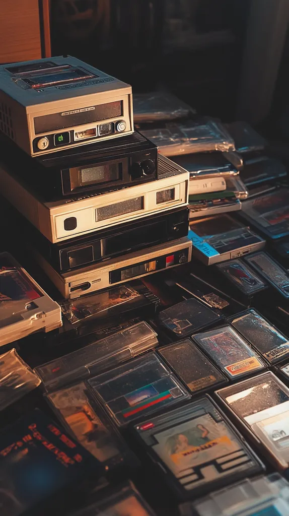 A stack of vintage electronic devices sits atop a collection of cassette tapes and other media.  The topmost device appears to be a VCR or similar recording device, followed by several others of varying sizes and styles, likely audio players or recorders.  The scene is dimly lit, giving it a nostalgic, retro feel. The numerous cassette tapes and other storage media suggest a significant archive of recordings. The overall image evokes a sense of history and the passage of time.
