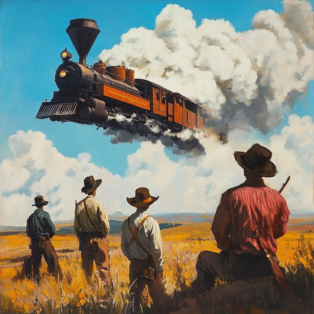 A painting depicts a surreal scene: a steam train floats in the sky above a prairie. Three cowboys in period attire watch in astonishment from below, their backs to the viewer.  One cowboy holds a rifle. The train billows steam, adding to the dreamlike quality of the artwork. The vast, dry landscape contrasts with the unexpected presence of the airborne locomotive. The sky is a clear blue dotted with fluffy white clouds.  The overall style is realistic, yet the subject matter is fantastical.