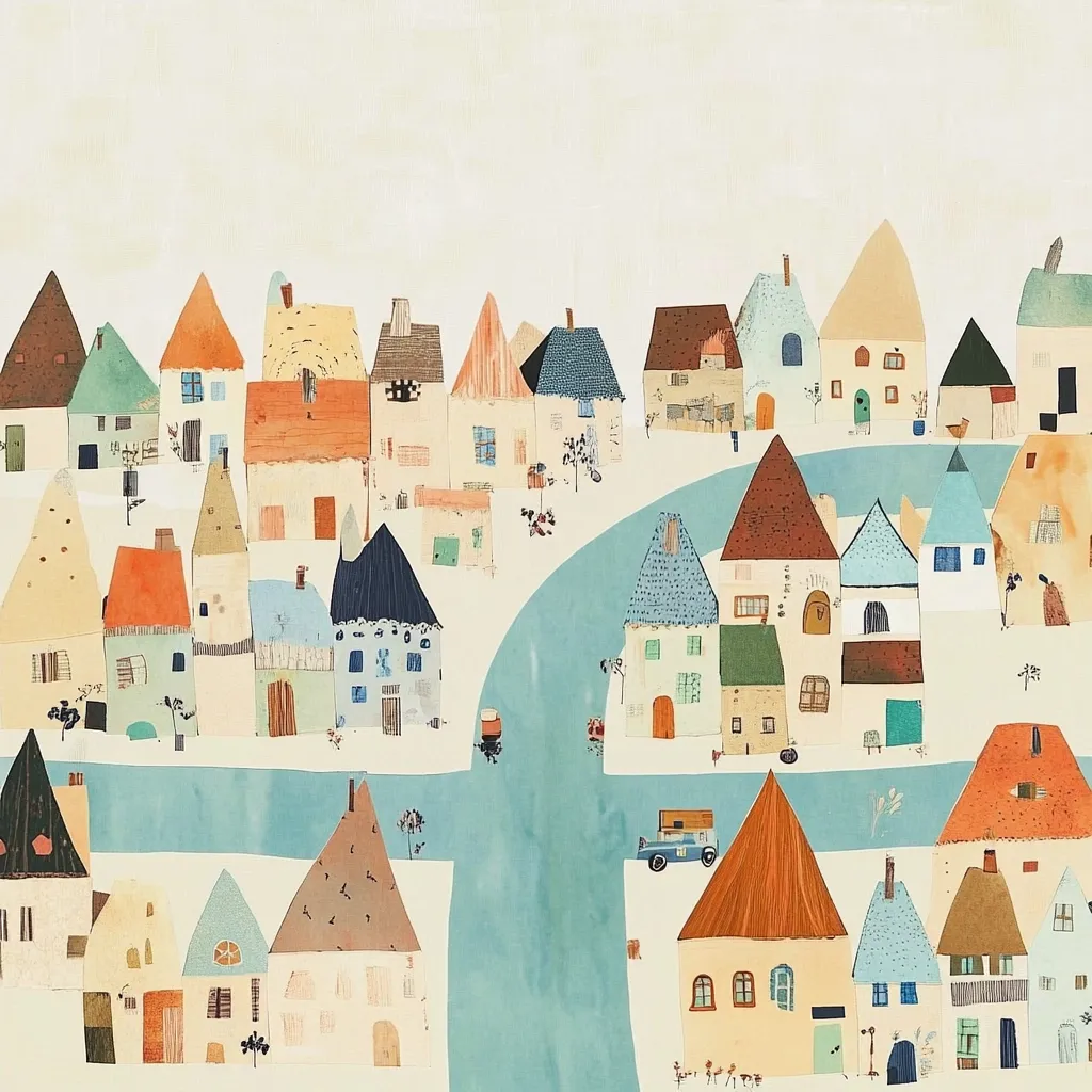 A whimsical illustration depicts a charming village nestled beside a meandering river.  Houses of varying shapes, sizes, and pastel colors are clustered together, each with unique architectural details.  The style is reminiscent of children's book illustrations, with a slightly textured, collage-like quality.  Small figures and vehicles add a sense of life and movement to the scene, creating a peaceful and idyllic atmosphere.  The overall color palette is soft and muted, enhancing the tranquil mood.