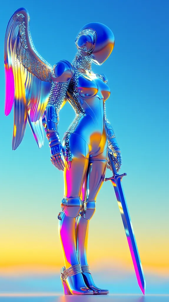 The image depicts a futuristic, chrome-like female figure with iridescent wings and armor. She stands elegantly, holding a sword at her side. The figure's metallic body reflects vibrant, shifting colors of blue, pink, and gold against a gradient background of blue and yellow. Her wings are detailed, appearing almost jeweled, and her boots are high-heeled, creating a striking contrast between strength and femininity. The overall aesthetic is one of vibrant, surreal beauty and futuristic fantasy.