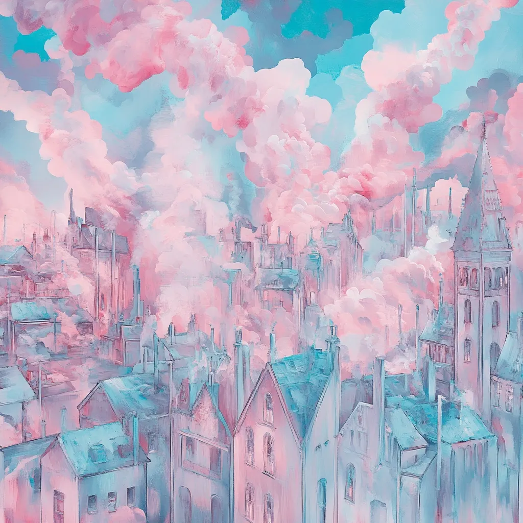 A whimsical cityscape is depicted, shrouded in pastel pink and blue clouds.  Buildings with steeply pitched roofs and chimneys fill the foreground and mid-ground, their details softened by the hazy atmosphere.  Industrial structures and smokestacks are barely visible beneath the dreamy, cotton-candy-like clouds that dominate the sky.  The overall impression is one of surreal beauty and a blend of industrial and fairytale elements.