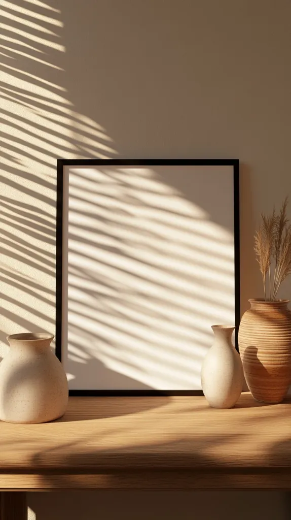 Here's a description of the image:

Sunlight streams through a window, casting long, slender shadows across a minimalist interior. A large, blank, black-framed picture sits on a light wood table, flanked by three earthenware vessels: two smaller, light-beige vases and a larger, cylindrical, tan-colored pot holding dried pampas grass. The overall aesthetic is calm, muted, and subtly elegant, with a focus on natural textures and light.  The scene suggests a tranquil and stylish home environment.