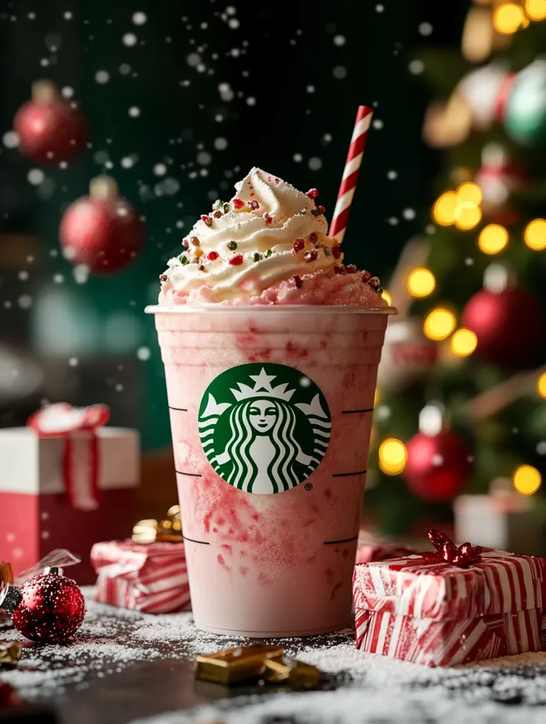 A festive Starbucks drink sits on a dark surface dusted with powdered sugar.  The pink beverage, topped with whipped cream and sprinkles, is in a large cup with the iconic Starbucks logo. Christmas-themed gifts and ornaments are artfully arranged around it, with a blurred Christmas tree in the background.  A light snowfall effect adds to the wintery ambiance. The overall image evokes a feeling of cozy holiday cheer.