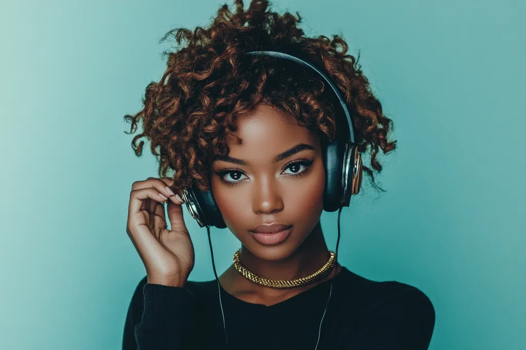 A young Black woman with short, curly brown hair wears large, black over-ear headphones.  She's subtly adjusting them with one hand, her gaze directed straight ahead.  She has dark eyes and full lips, and wears a simple gold choker necklace.  Her expression is serious and composed, against a solid teal background. The overall image is stylish and conveys a sense of calm focus.