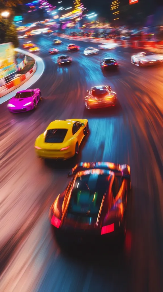 A vibrant nighttime race unfolds on a city track.  Brightly colored sports cars, including yellow, purple, and dark bronze, speed along a curved section, their taillights streaking across the asphalt. The background is a blur of city lights and other vehicles, suggesting a fast-paced, high-energy race. The overall image is dynamic, capturing the motion and excitement of the competition.