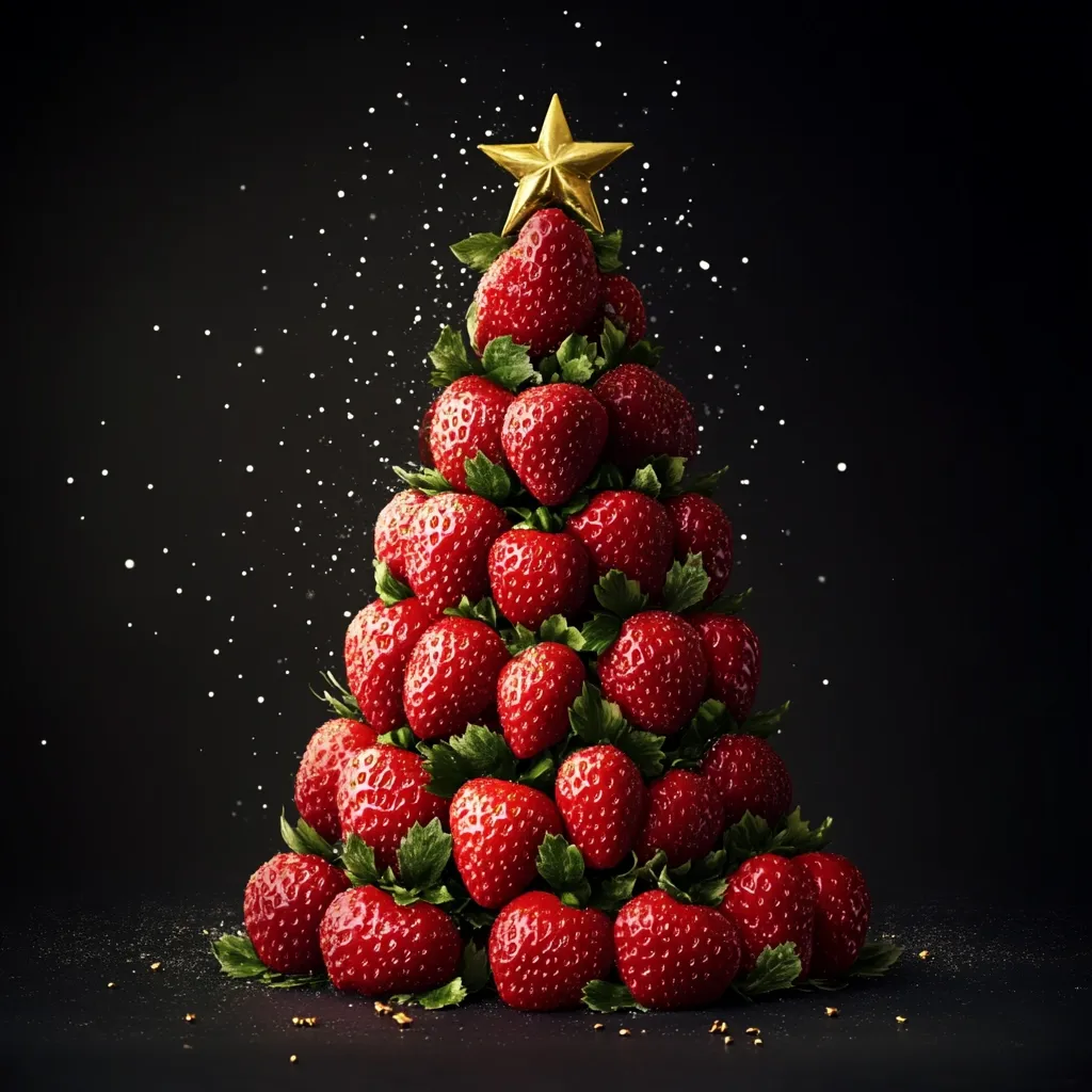 Here's a description of the image:

A striking image showcases a Christmas tree meticulously crafted from fresh, vibrant strawberries. The strawberries are arranged in a tiered pyramid, culminating in a golden star at its apex.  A dusting of what appears to be artificial snow adds a festive touch against the dark background. The contrast between the red strawberries and the black backdrop enhances the overall visual appeal, creating a unique and memorable holiday composition.  The scene is meticulously lit, highlighting the glossy sheen of the berries.