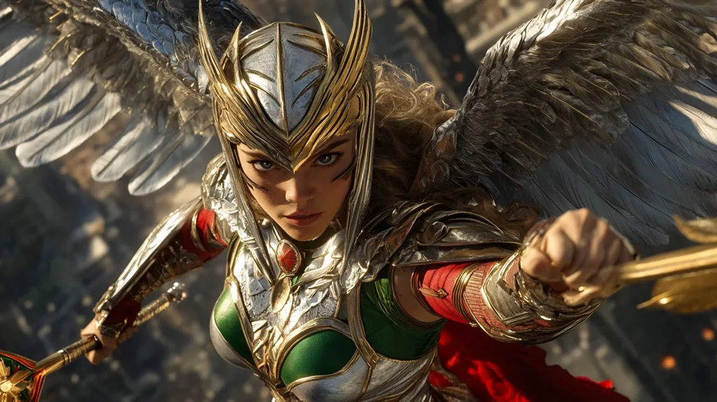 A powerful female warrior, adorned in ornate gold and green armor, takes flight.  Large, feathered wings extend from her back, complementing her helmet's avian design. Her intense gaze and firm grip on a golden weapon convey strength and determination. The backdrop suggests a chaotic, possibly war-torn, cityscape far below. The overall aesthetic is high fantasy, blending elements of classical mythology and modern action.