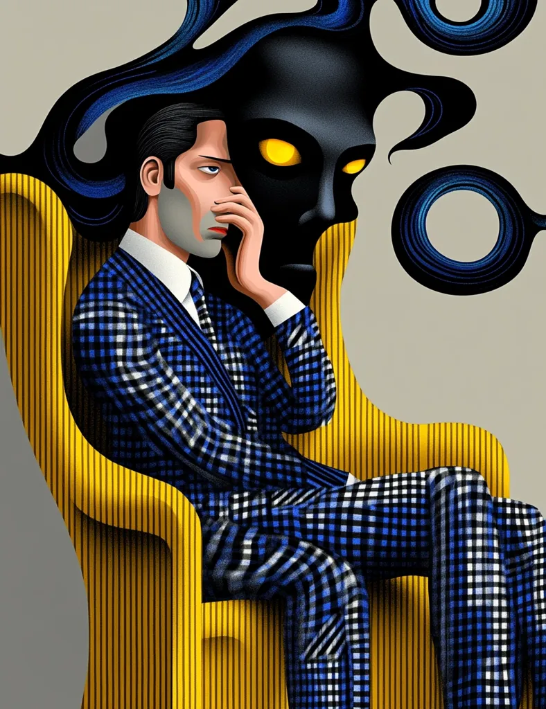 The illustration depicts a man in a blue and white checkered suit seated in a yellow chair.  His expression is pensive, his hand to his face.  Behind him, a shadowy, ominous figure with glowing yellow eyes emerges from dark, swirling shapes. The contrast between the man's tailored suit and the abstract, unsettling backdrop suggests internal conflict or a struggle with hidden aspects of self. The overall style is bold and graphic, employing a vibrant color palette.