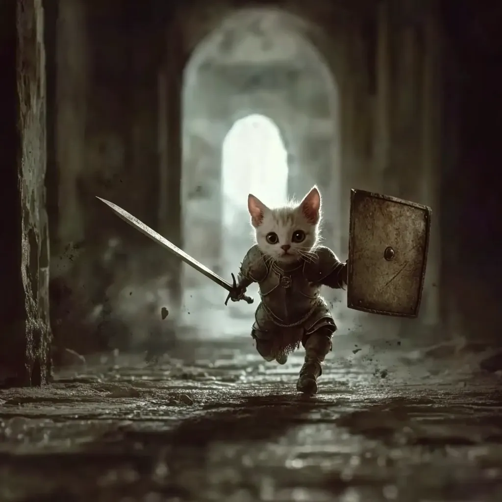 The image depicts a tiny, white kitten clad in miniature knight's armor.  It bravely charges down a dark, stone corridor, sword in paw and shield at its side. Dust and debris fly around it, suggesting movement and battle. The setting is reminiscent of a medieval dungeon or castle, adding to the fantastical and heroic portrayal of this courageous feline warrior.  The light at the end of the corridor emphasizes the kitten's determined journey.