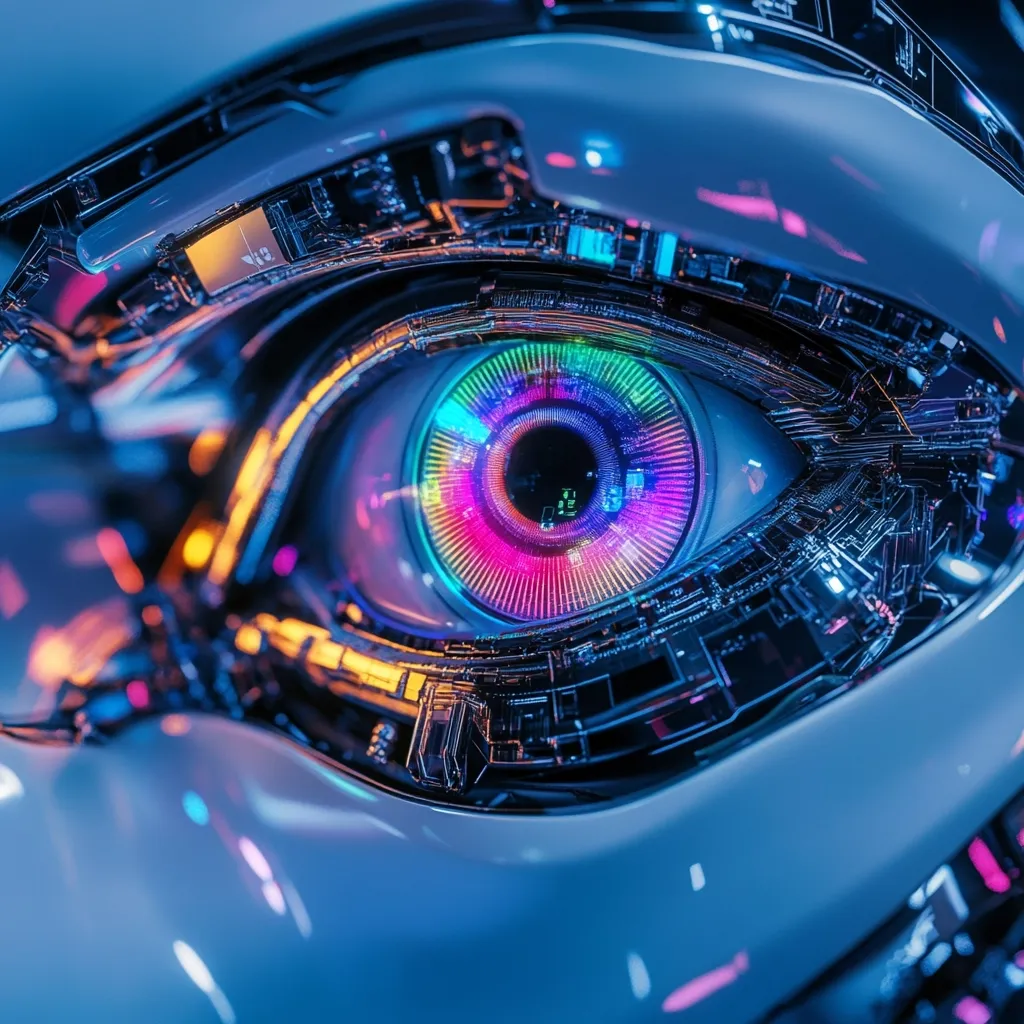 The image is a close-up of a robotic eye, highly detailed and rendered with vibrant, neon colors.  The eye's iris glows with a rainbow effect, encircled by intricate circuitry and mechanical components. The metallic casing is smooth and reflective, contrasting with the busy internal workings visible through a partially opened eyelid.  The overall impression is one of advanced technology and artificial intelligence, perhaps representing a future where robots and humans coexist.