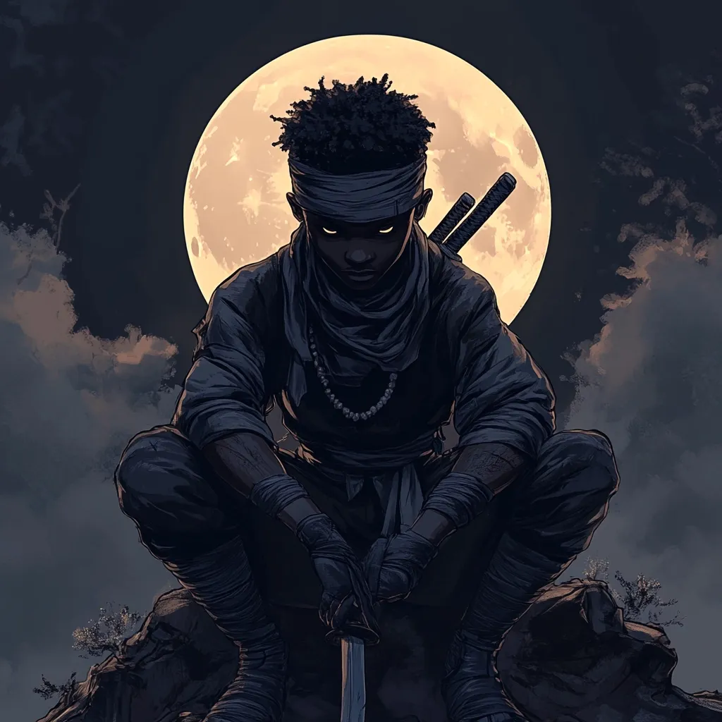 Here is a description of the image:

The illustration depicts a young, dark-skinned ninja, crouched on a rocky outcrop under a large, luminous moon. He is clad in dark, traditional ninja attire, including a headband, long sleeves, and pants, and his hands are wrapped in protective cloth. Two swords are sheathed on his back. His expression is serious and intense, his gaze fixed on something unseen. The overall style is dark and moody, with a focus on atmospheric perspective and dramatic lighting. The background consists of a cloudy night sky that provides a mysterious atmosphere.