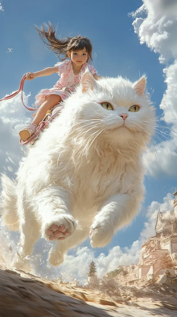 A young girl with long brown hair rides a giant, fluffy white cat. The cat is running through the air, its paws just above a sandy landscape with a distant, partially ruined Asian-style building.  The sky is bright blue with fluffy white clouds. The girl wears a pink dress and holds the reins of an unseen bridle.  The scene is whimsical and fantastical, suggesting a dreamlike or magical world.