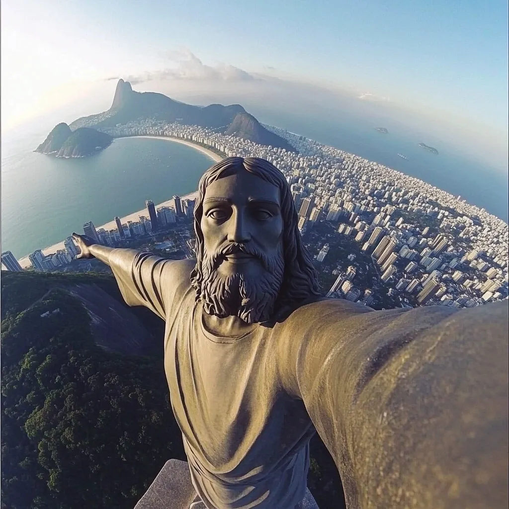 Here's a description of the image:

The image is a dramatic, first-person perspective selfie seemingly taken by the Christ the Redeemer statue in Rio de Janeiro.  The statue's outstretched arm forms the foreground, with its face and upper body visible. The background showcases a breathtaking panoramic view of Rio's cityscape, the curving coastline, and the ocean stretching to the horizon.  The Sugarloaf Mountain is also visible in the distance. The overall effect is a stunning juxtaposition of religious iconography and awe-inspiring natural beauty.