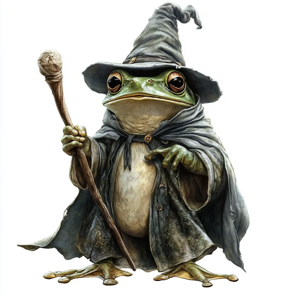 A whimsical illustration depicts a frog dressed as a wizard.  The frog, with large expressive eyes, wears a pointed grey hat and a long, tattered grey robe. It holds a wooden staff topped with a bulbous knot. The frog's posture and expression suggest wisdom and a touch of mischievousness. The artwork is detailed, with visible texture in the robe and staff, and is set against a stark white background, emphasizing the frog wizard as the central focus.  The style is reminiscent of fantasy book illustrations or character design.