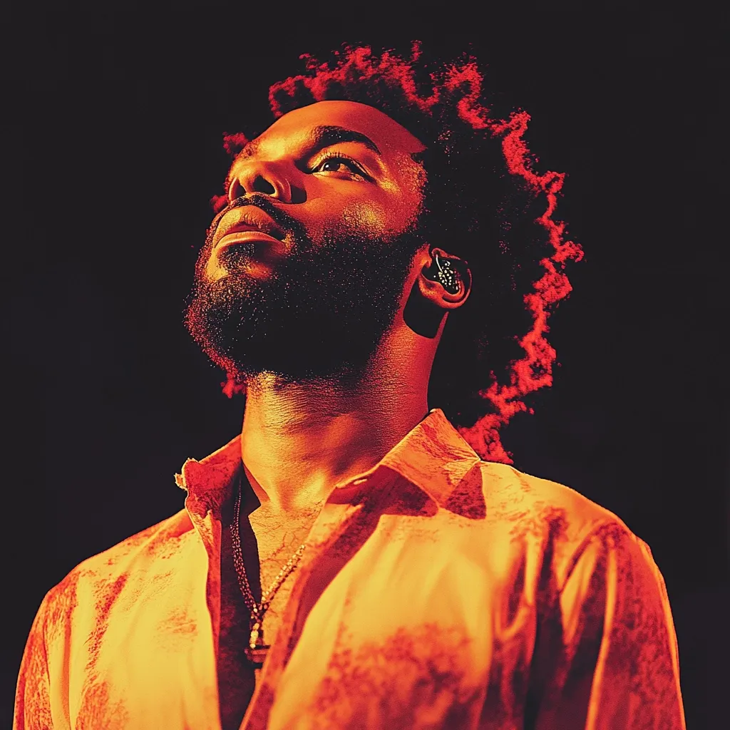 Here's a description of the image:

Close-up shot of a dark-skinned man with a full, reddish-brown afro, his head tilted back. He's wearing an orange, loose-fitting shirt with a subtle pattern and a necklace.  The lighting is dramatic, a fiery orange-red hue illuminating his face and shirt against a completely black background.  He has a beard and appears to be wearing an earpiece. The overall impression is one of intensity and performance, possibly a musician on stage.