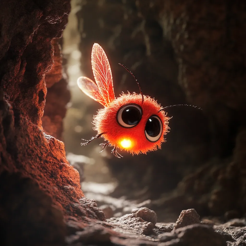Here's a description of the image:

A charming, cartoonish rendering depicts a fluffy, orange insect emerging from a dark, rocky crevice.  Its large, expressive eyes and soft, furry texture give it a cute, almost cuddly appearance.  A gentle light emanates from its body, illuminating the surrounding darkness. The insect's delicate, translucent wings are partially visible as it navigates the shadowy confines of its rocky habitat. The overall mood is whimsical and slightly mysterious.