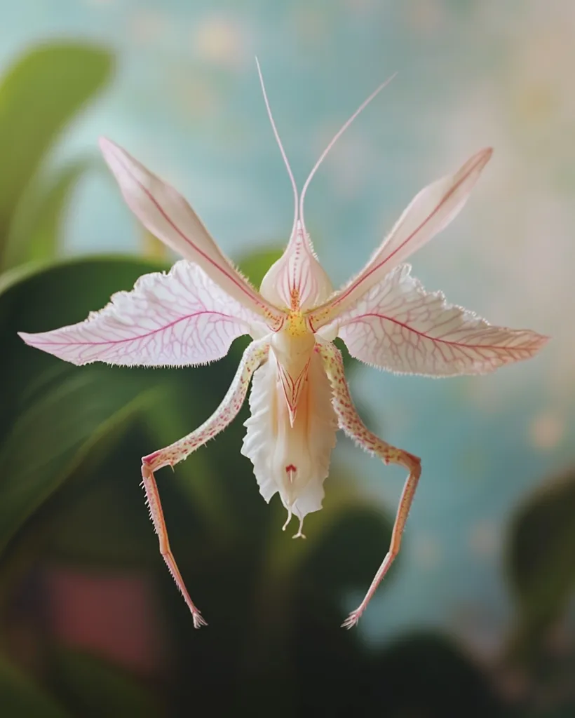 Here is a description of the image:

Close-up view of a pale pink orchid, its petals and sepals delicately arranged to resemble a praying mantis.  The orchid's color is a soft, light pink with subtle veining, giving it a translucent quality.  The long, slender appendages extending downwards mimic the insect's legs. The background is blurred, featuring muted greens and blues, drawing focus to the orchid's intricate details and unique form.  The overall impression is one of delicate beauty and surprising mimicry.