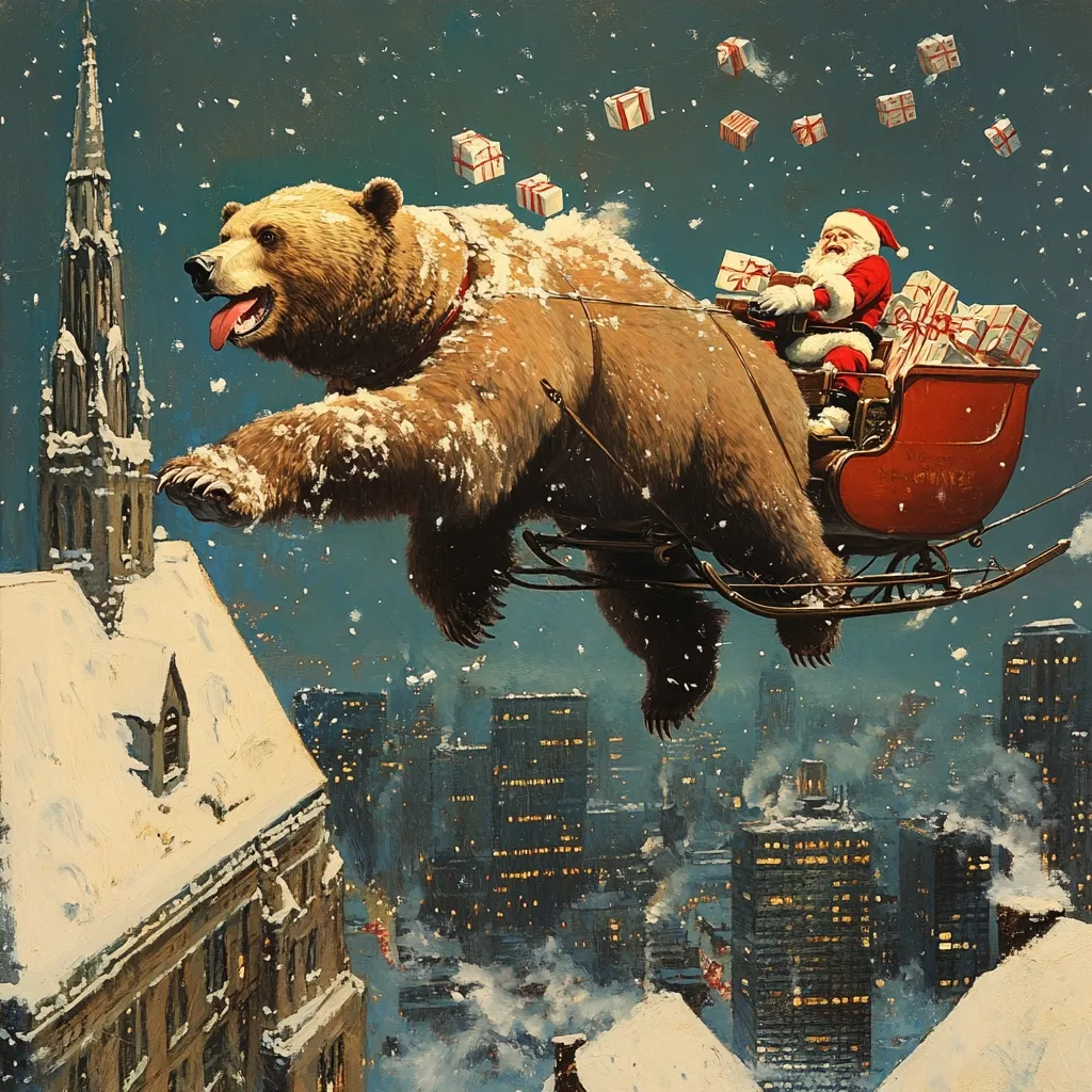 A whimsical Christmas scene unfolds as Santa Claus, riding a massive, snow-covered grizzly bear, soars through a snowy cityscape.  Gifts tumble from the sleigh, which is pulled by the powerful bear.  The city below is illuminated by twinkling lights, contrasting with the dark night sky.  A snow-dusted church spire peeks into the scene, adding to the festive atmosphere.  The overall style is painterly and evocative of a classic holiday illustration.