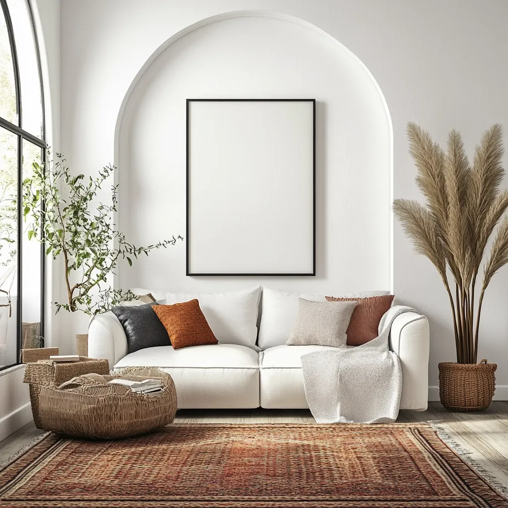 A minimalist living room features a white sofa adorned with neutral and burnt orange throw pillows, a soft white throw blanket draped over one arm, and a large, empty framed picture above it.  Flanking the sofa are potted plants; a small olive tree to the left and a tall pampas grass to the right. A woven storage basket sits in front of the sofa on a patterned area rug, creating a cozy and earthy atmosphere within the arched alcove of the white room. Natural light streams in from a large window.