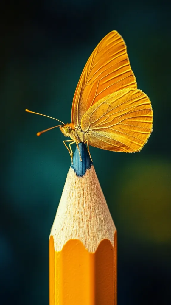 A vibrant yellow butterfly delicately perches atop a sharpened yellow pencil against a deep teal background.  The butterfly's wings are intricately detailed, showcasing a rich, warm hue. The pencil's point is a contrasting dark blue, creating a striking visual contrast with the bright butterfly and the yellow body. The image is sharply focused, highlighting the fine details of both the insect and the writing implement. The overall composition is simple yet captivating, creating a sense of delicate balance and unexpected juxtaposition.