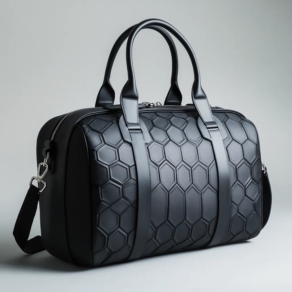 A sleek, black leather duffel bag is presented against a neutral gray backdrop.  Its surface features an embossed hexagonal pattern, adding texture and visual interest.  The bag boasts sturdy top handles and a detachable shoulder strap, suggesting both portability and versatility.  The overall design is modern and sophisticated, hinting at high-quality craftsmanship.  The zipper closure is subtly integrated, maintaining a clean aesthetic.