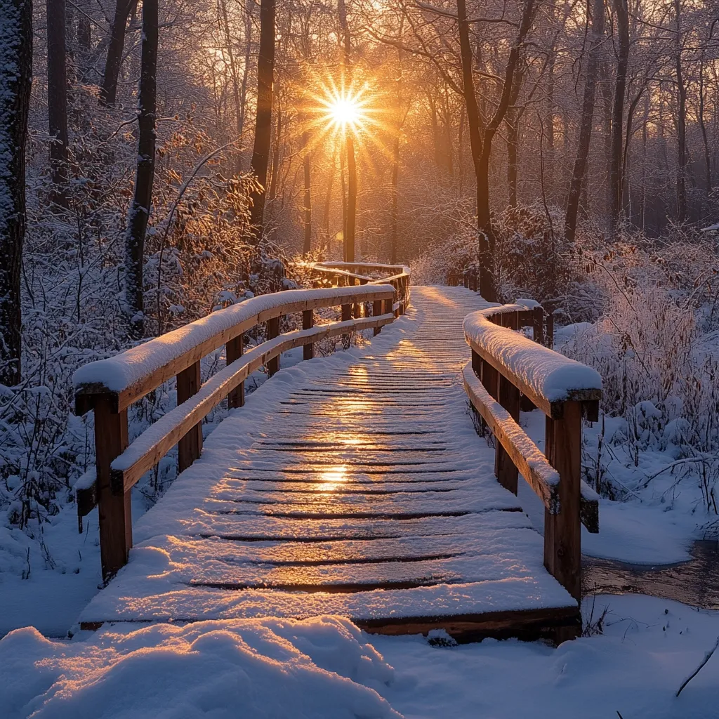 A snow-covered wooden bridge winds through a serene winter forest at sunrise.  The sun's rays, bursting through the trees, cast a warm golden glow on the pristine white snow.  The bridge's wooden railings are dusted with snow, adding to the idyllic winter scene.  The tranquil atmosphere evokes a sense of peace and quietude, a perfect winter wonderland.