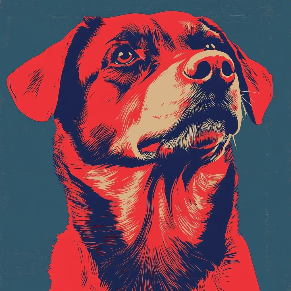 Here's a description of the image:

The image is a stylized portrait of a dog, possibly a Labrador Retriever, rendered in a bold, graphic style reminiscent of pop art.  The dog is predominantly depicted in vibrant red, contrasted by deep teal-blue background and accents of beige and dark blue outlining its fur.  The style emphasizes lines and texture to create the appearance of fur, giving a sense of movement and depth despite the flat color palette. The dog's head is turned slightly, its gaze directed upward, conveying a sense of alertness and quiet dignity. The overall effect is striking and memorable, a unique blend of realism and graphic design.