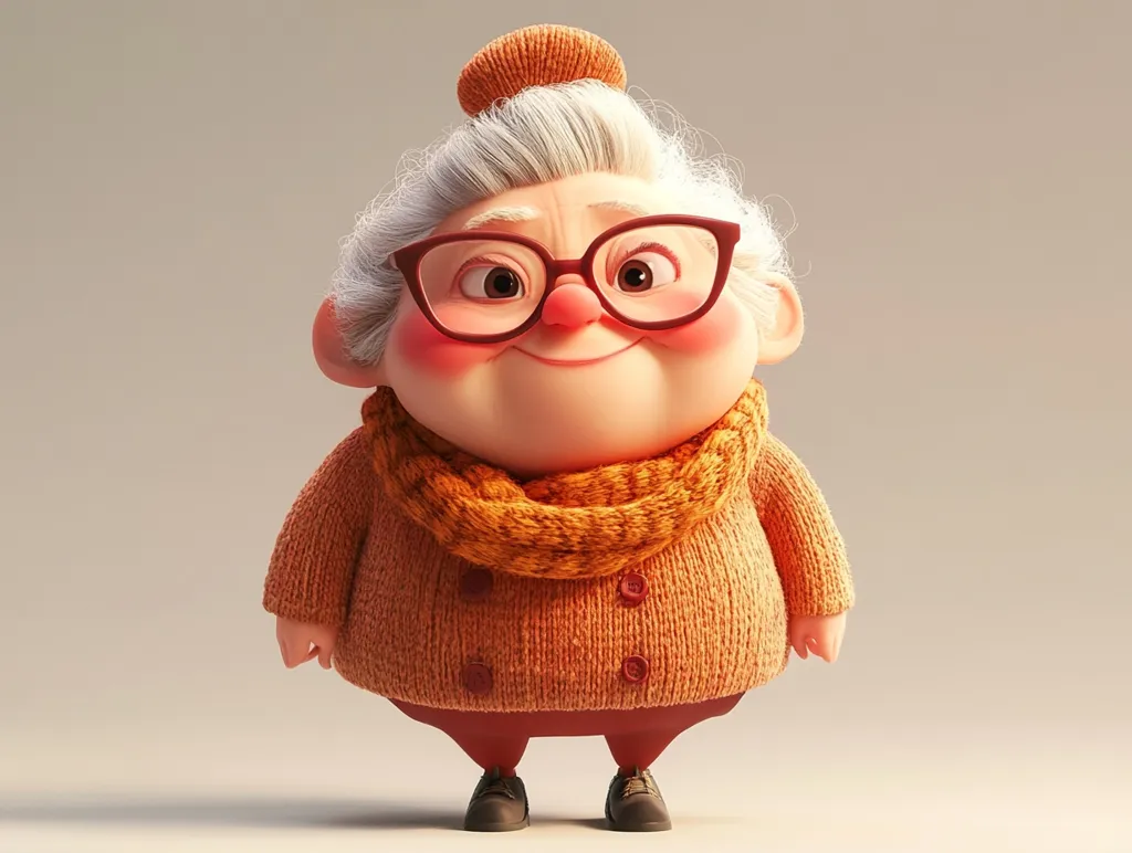 Here's a description of the image:

The image shows a charming, 3D-rendered cartoon of an elderly woman. She's depicted as a cheerful, round-faced character with fluffy white hair styled in a bun, topped with a small matching hat.  She wears large, round glasses, a cozy orange knit sweater, and a matching scarf. Her expression is warm and friendly, and her stance is upright and slightly chubby. The overall style is cute and endearing, evoking feelings of warmth and comfort. The background is a simple, neutral beige, drawing focus to the character.