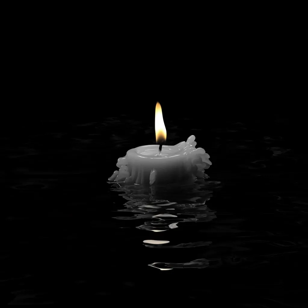A single, melting white candle floats on dark water, its flame a small, bright beacon against the inky black background.  The candle's wax drips down its sides, creating irregular patterns. The water reflects the candlelight, creating a shimmering, distorted image below. The overall mood is somber and contemplative.