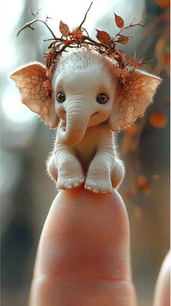 An adorable, miniature elephant sits perched atop a human finger.  Its large, expressive eyes and tiny form are accentuated by a delicate crown of twigs and autumnal leaves. The soft, light fur of the baby elephant contrasts beautifully with the warm tones of the crown and the finger. The background is softly blurred, drawing focus to the charming creature. The image evokes a feeling of whimsy and delicate beauty.
