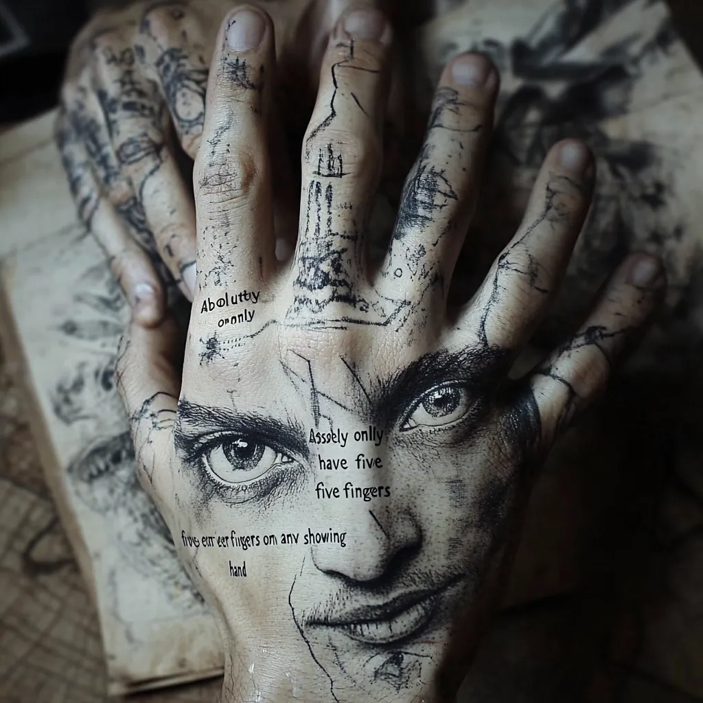 Here's a description of the image:

A close-up shot reveals a hand intricately adorned with a monochrome drawing, seemingly a self-portrait. The style is reminiscent of a sketch, with lines and shading creating a man's face across the palm and fingers.  The drawing incorporates text, stating variations of "absolutely only have five fingers," emphasizing a human hand's inherent features. The background hints at an aged, textured surface, perhaps a book or parchment, enhancing the overall vintage aesthetic. The contrast between the sketched face and the hand's texture creates a compelling visual effect.