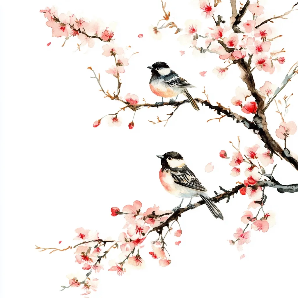A watercolor painting depicts two small birds perched on the branches of a blossoming tree.  The birds, rendered in shades of black, white, and soft pink, are nestled amongst delicate pink and white blossoms.  The style is reminiscent of East Asian art, with a focus on subtle color washes and elegant lines.  The white background accentuates the beauty of the flowering branches and the birds' peaceful presence.  The overall impression is one of serenity and natural beauty.