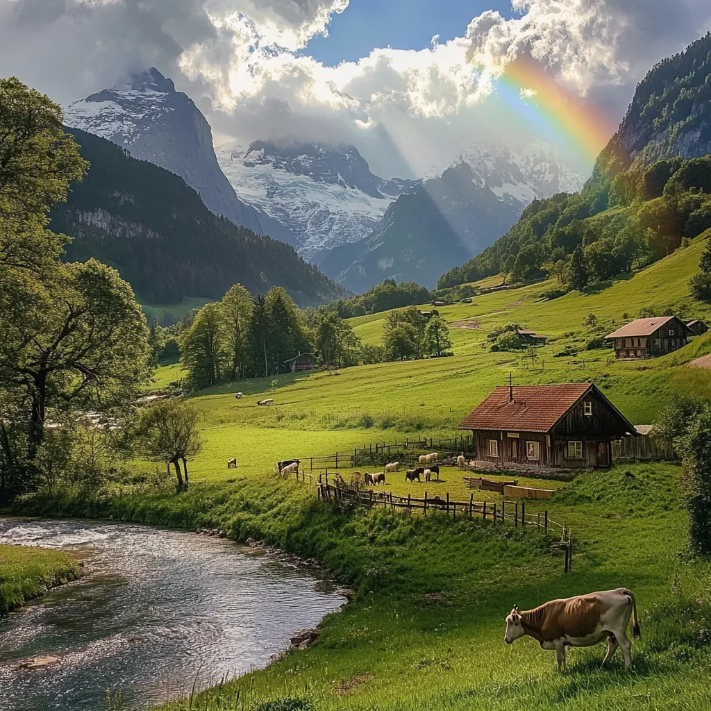 A picturesque Swiss alpine valley unfolds, showcasing a vibrant green pasture dotted with livestock and traditional wooden houses.  A clear river meanders through the landscape, leading the eye towards snow-capped mountains rising majestically in the background. A brilliant rainbow arches across the sky, adding a touch of magic to this idyllic scene. The overall impression is one of serenity and untouched natural beauty.