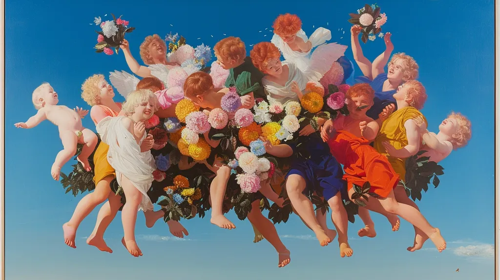 Here's a description of the image:

A vibrant painting depicts a multitude of cherubic figures, seemingly adrift in a bright blue sky.  They are nestled amongst a profusion of colorful dahlias and other flowers, their wings partially visible. The cherubs are rendered with realistic detail, showcasing a range of expressions and postures, some playful, some serene.  Their clothing is bright and varied, adding to the overall joyful and fantastical atmosphere. The light suggests a daytime setting, with the colors intensified, creating a cheerful, almost celebratory mood.