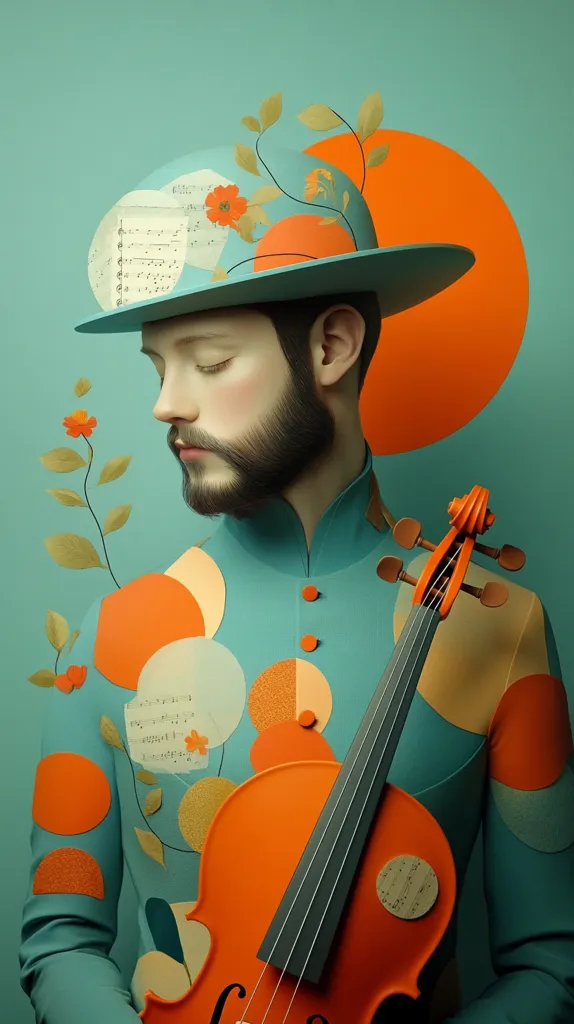 A stylized portrait depicts a person with a beard wearing a teal bowler hat adorned with musical notes, flowers, and foliage.  The hat sits against a large orange circle on a teal background. They are dressed in a teal outfit with orange and gold circular patterns. The individual holds an orange violin, their eyes closed in a serene expression. The overall aesthetic is surrealistic and artistic, blending elements of nature, music, and fashion.