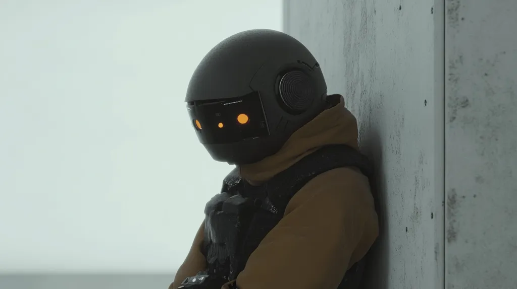 Here is a description of the image:

The image shows a close-up view of a futuristic figure, possibly a robot or cyborg, leaning against a textured concrete wall. The figure is wearing a dark gray helmet with small, bright orange lights, and a mustard-yellow hooded jacket over a dark tactical vest.  The helmet’s design is rounded and smooth, contrasting with the rough wall. The overall atmosphere is somber and slightly melancholic, with a muted color palette and a sense of solitude. The background is a bright, featureless white space.