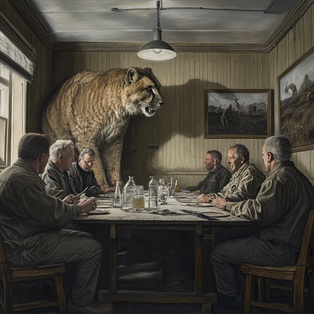 A hyperrealistic painting depicts a scene where a group of men sit at a long wooden table in a dimly lit room, engaged in a meal.  A massive, imposing saber-toothed cat stands behind them, its size dwarfing the men. The room is simple, with wood paneling and framed pictures depicting prehistoric scenes on the walls.  The atmosphere is tense, suggestive of an uneasy coexistence or impending threat from the prehistoric predator. The painting's detail and realism create a striking juxtaposition between the modern-day men and the ancient beast.