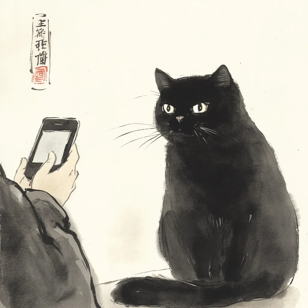 Here's a description of the image:

The artwork is a stylized depiction, likely in the style of East Asian ink painting, featuring a black cat and a person's hand holding a smartphone. The cat, rendered in shades of black and grey ink wash, sits regally, gazing towards the phone. The person's hand, subtly detailed, holds the phone up to capture the cat, suggesting a photo is being taken. The background is a light, neutral tone, allowing the cat and hand to stand out.  A small stamp or seal is visible in the upper left corner, adding to the artistic feel. The overall impression is one of quiet observation and the capturing of a fleeting moment.