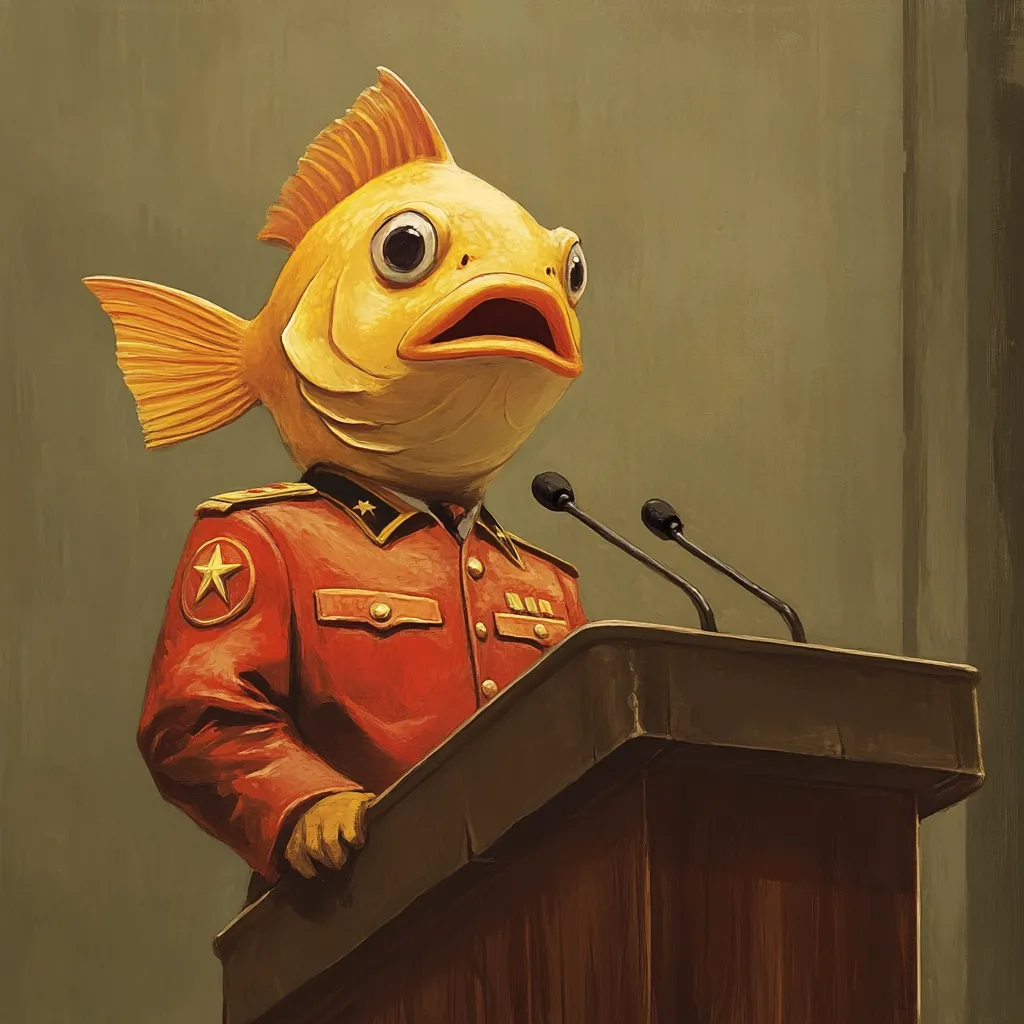 A stylized painting depicts a goldfish in a red military uniform standing at a podium.  The fish's expression is one of surprise or apprehension. The uniform features a prominent star and military insignia. The background is a muted olive green, contrasting with the bright orange of the uniform and the yellow of the fish. The scene is surreal and possibly satirical, suggesting a commentary on power or authority.  The painting style is reminiscent of classical portraiture with a touch of whimsy.
