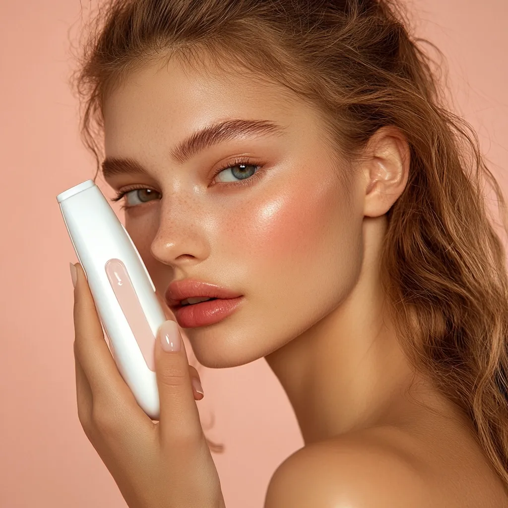 Close-up of a young woman with light skin and long, wavy brown hair.  She has subtle makeup and a glowing complexion.  She holds a white and pale pink handheld beauty device to her face, possibly a facial cleansing or treatment tool.  The background is a soft, pale pink. The overall image is clean, bright, and promotes a sense of beauty and skincare.