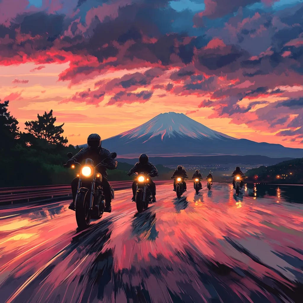 A vibrant digital painting depicts a group of motorcyclists riding in a line along a wet road at sunset.  Mount Fuji majestically rises in the background, silhouetted against a fiery sky filled with dramatic, swirling clouds. The motorcycles' headlights cut through the twilight, reflecting the warm hues of the sunset on the glistening asphalt. The scene evokes a sense of adventure and freedom, set against a breathtaking natural backdrop. The overall style is painterly and atmospheric, emphasizing mood and visual impact.