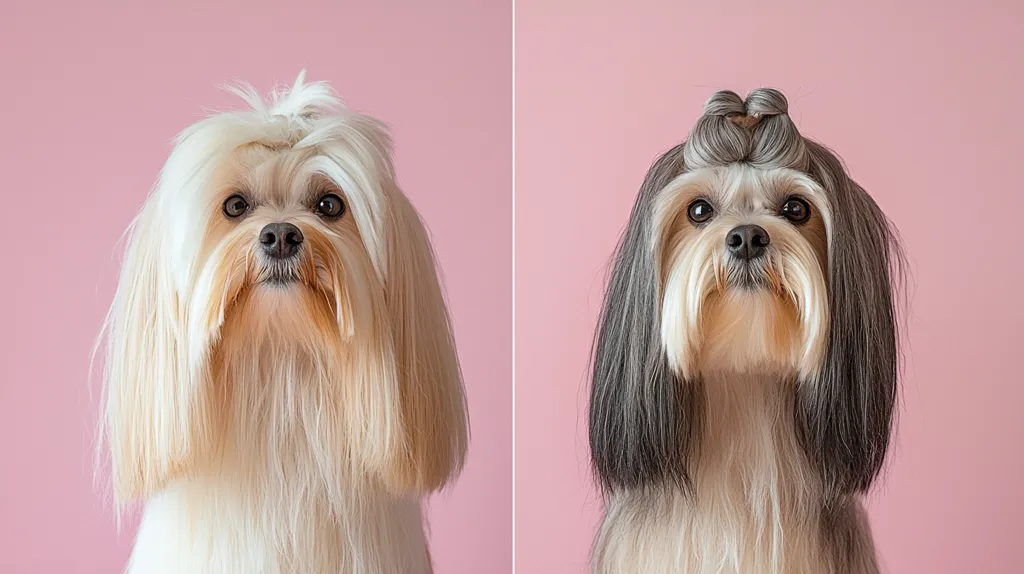 Here's a description of the image:

The image shows two identical small dogs, possibly Lhasa Apsos or a similar breed, posed against a solid pink background.  The dogs are positioned side-by-side.  One dog's fur is styled long and blonde, while the other's fur is styled with long dark gray top layers and lighter underlayers, with a small topknot. Both dogs maintain the same direct gaze at the camera, showcasing their similar facial features.  The difference lies solely in the color and styling of their fur.